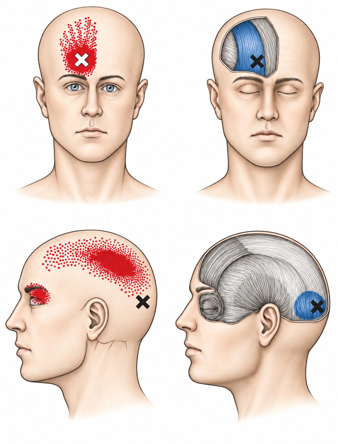 Frontalis · Anatomy and referred pain 1. Representative source regions. The illustrated markers and pain pattern are not individual assignments to the numbered trigger points.