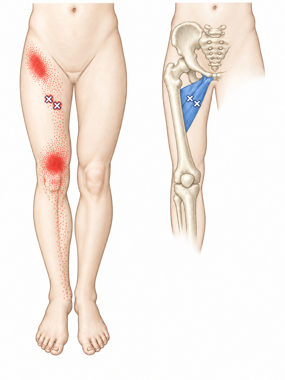 Adductor Longus · Trigger points and referred pain 1. Representative source regions. The illustrated markers and pain pattern are not individual assignments to the numbered trigger points.
