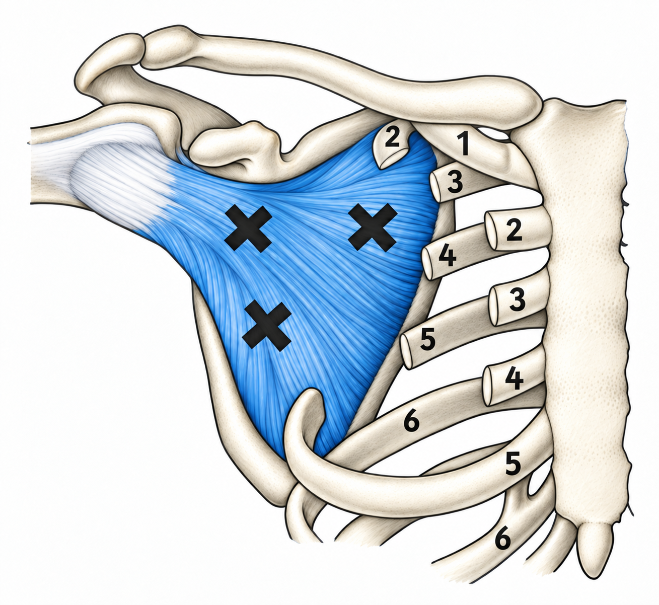 Subscapularis · Trigger-point examples 1. Representative source regions. The illustrated markers and pain pattern are not individual assignments to the numbered trigger points.