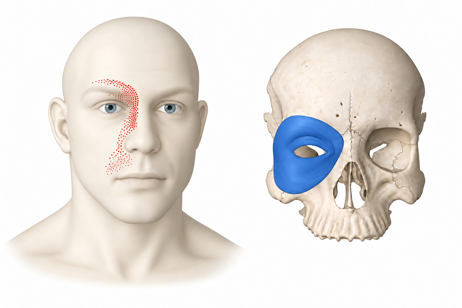 Orbicularis Oculi · Anatomy and referred pain 1. Representative source regions. The illustrated markers and pain pattern are not individual assignments to the numbered trigger points.