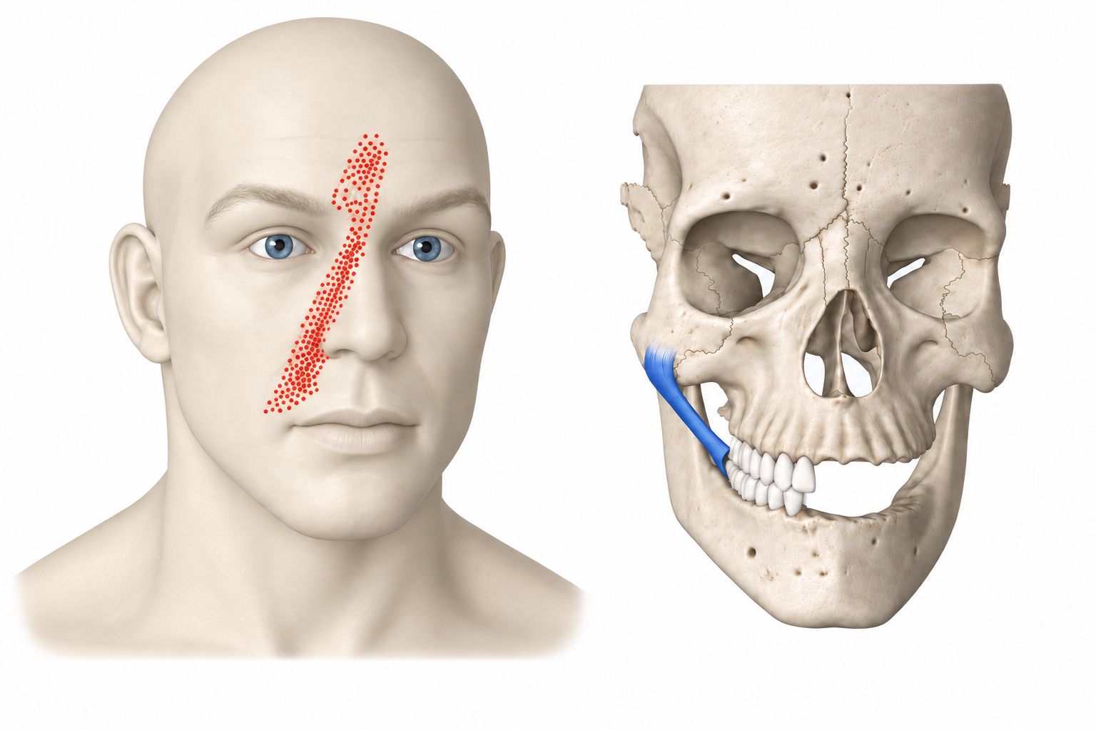 Zygomaticus · Anatomy and referred pain 1. Representative source regions. The illustrated markers and pain pattern are not individual assignments to the numbered trigger points.
