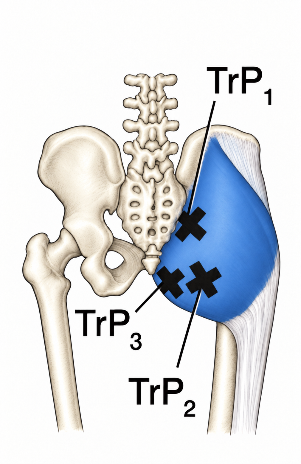 Gluteus Maximus · Trigger-point examples 1. Representative source regions. The illustrated markers and pain pattern are not individual assignments to the numbered trigger points.