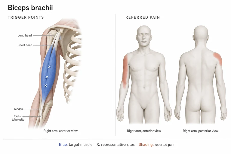 Bizeps Brachii: Muskelanatomie, beispielhafte Triggerpunktstellen und mögliche Bereiche übertragener Schmerzen