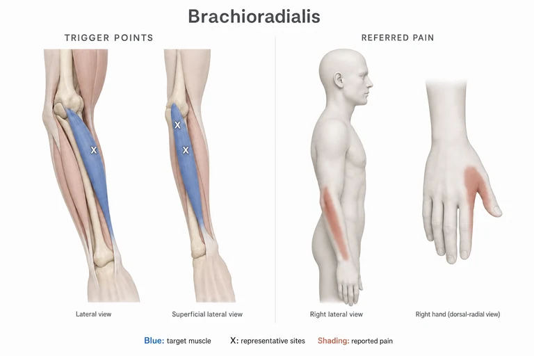 Braquiorradial: Anatomía muscular, sitios representativos de puntos gatillo y posibles zonas de dolor referido
