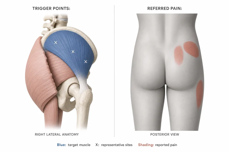 Gluteus Medius: Muskelanatomie, beispielhafte Triggerpunktstellen und mögliche Bereiche übertragener Schmerzen