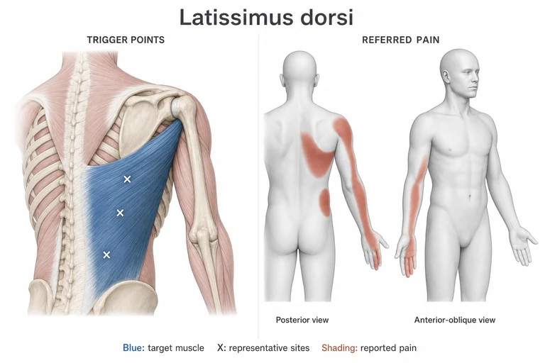 Dorsal ancho: Anatomía muscular, sitios representativos de puntos gatillo y posibles zonas de dolor referido