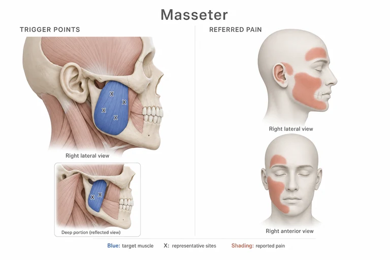 Masseter: Muskelanatomie, beispielhafte Triggerpunktstellen und mögliche Bereiche übertragener Schmerzen