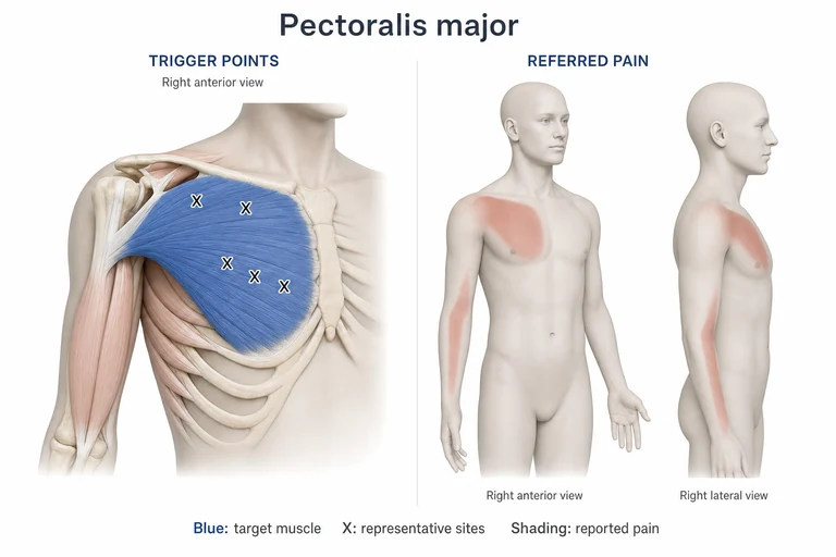Pectoral mayor: Anatomía muscular, sitios representativos de puntos gatillo y posibles zonas de dolor referido
