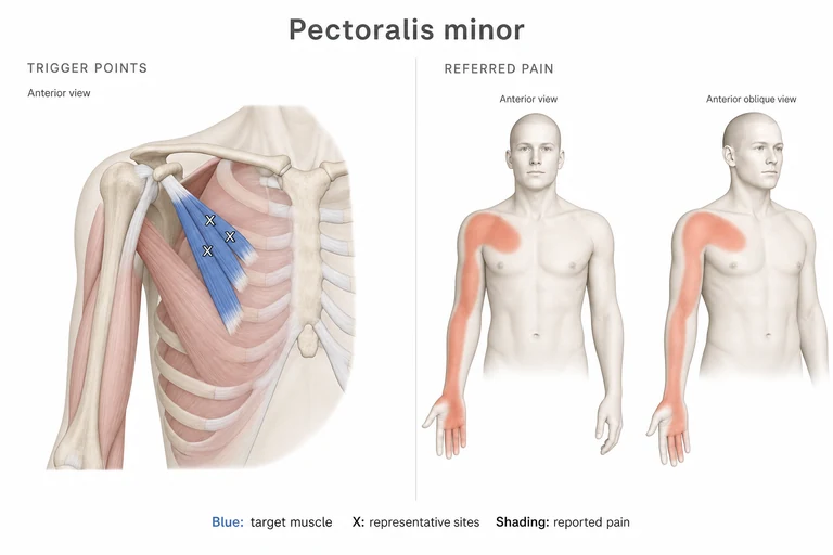 Pectoral menor: Anatomía muscular, sitios representativos de puntos gatillo y posibles zonas de dolor referido