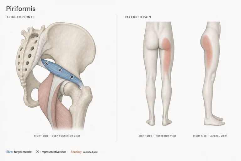 Piriformis: Muskelanatomie, beispielhafte Triggerpunktstellen und mögliche Bereiche übertragener Schmerzen