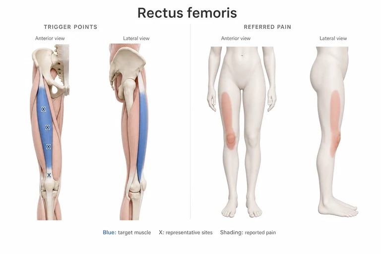 Recto Femoral: Anatomía muscular, sitios representativos de puntos gatillo y posibles zonas de dolor referido