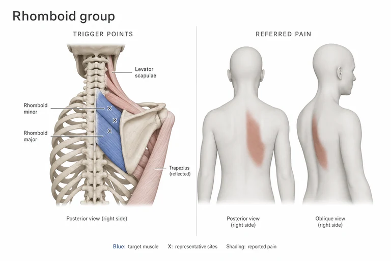 Romboides: Anatomía muscular, sitios representativos de puntos gatillo y posibles zonas de dolor referido