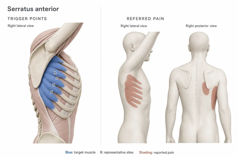 Dentelé antérieur: Anatomie musculaire, emplacements représentatifs de points-gâchettes et zones possibles de douleur projetée