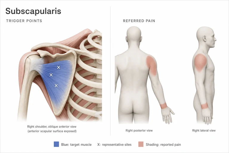 Subscapulaire: Anatomie musculaire, emplacements représentatifs de points-gâchettes et zones possibles de douleur projetée