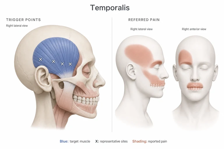 Temporalis: Muscle anatomy, representative trigger-point sites and possible referred-pain areas