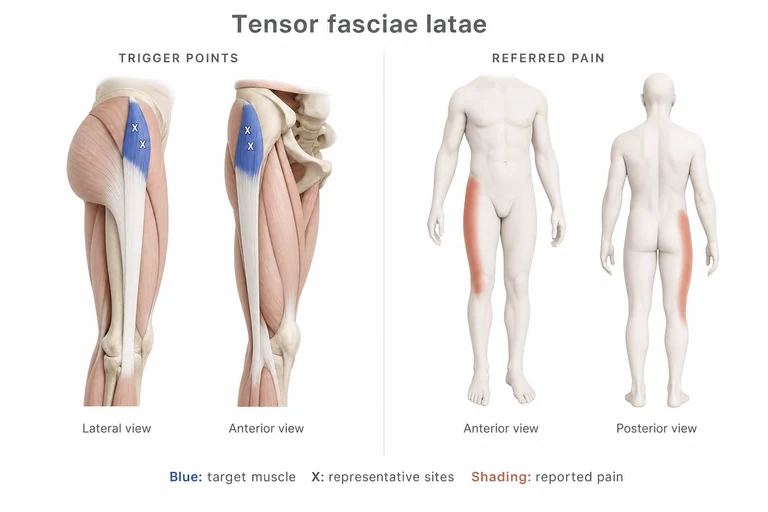 Tensor Fasciae Latae: Muscle anatomy, representative trigger-point sites and possible referred-pain areas