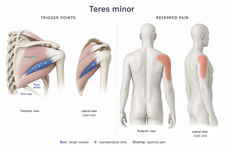 Teres Minor: Muskelanatomie, beispielhafte Triggerpunktstellen und mögliche Bereiche übertragener Schmerzen