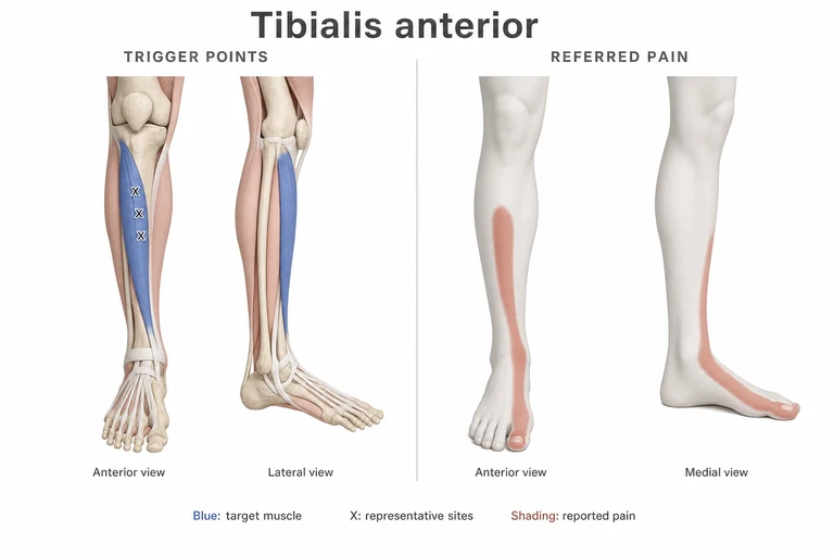 Tibial antérieur: Anatomie musculaire, emplacements représentatifs de points-gâchettes et zones possibles de douleur projetée
