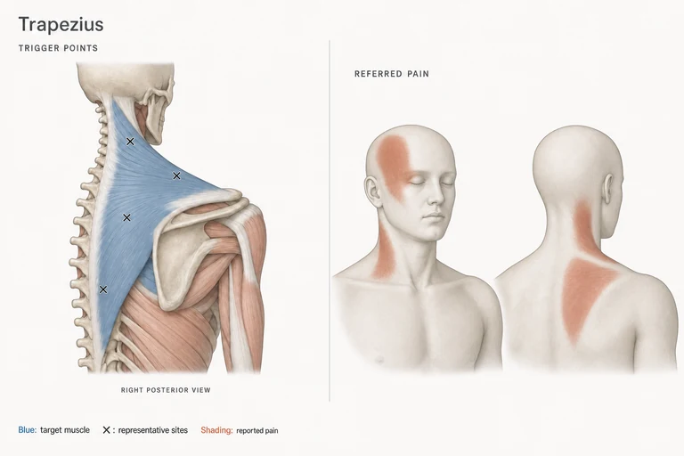 Trapezius: Muscle anatomy, representative trigger-point sites and possible referred-pain areas