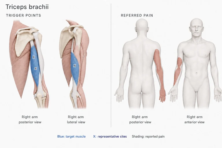 ट्राइसेप्स ब्राकाई (triceps brachii): मांसपेशी की बनावट, ट्रिगर पॉइंट के उदाहरण और रेफ़र्ड पेन के संभावित हिस्से