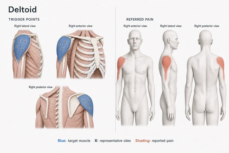 Deltoideus: Muskelanatomie, beispielhafte Triggerpunktstellen und mögliche Bereiche übertragener Schmerzen