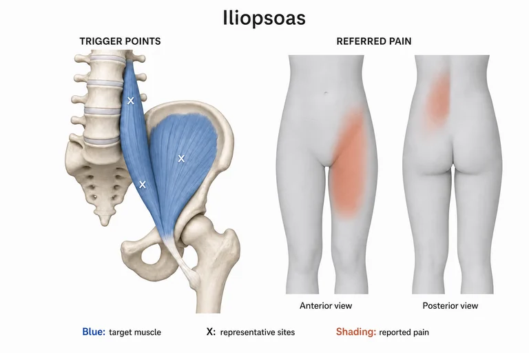 Iliopsoas: Anatomía muscular, sitios representativos de puntos gatillo y posibles zonas de dolor referido