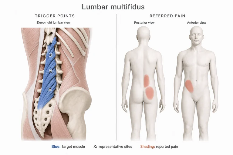 Multifide: Anatomie musculaire, emplacements représentatifs de points-gâchettes et zones possibles de douleur projetée