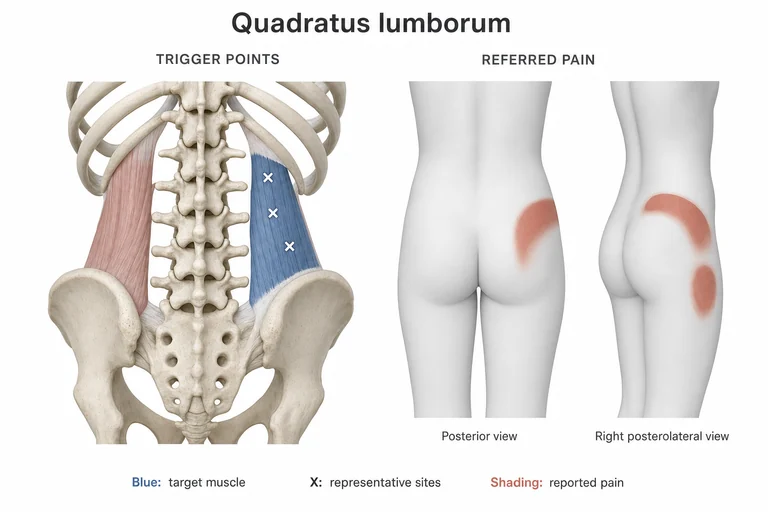 Carré des lombes: Anatomie musculaire, emplacements représentatifs de points-gâchettes et zones possibles de douleur projetée