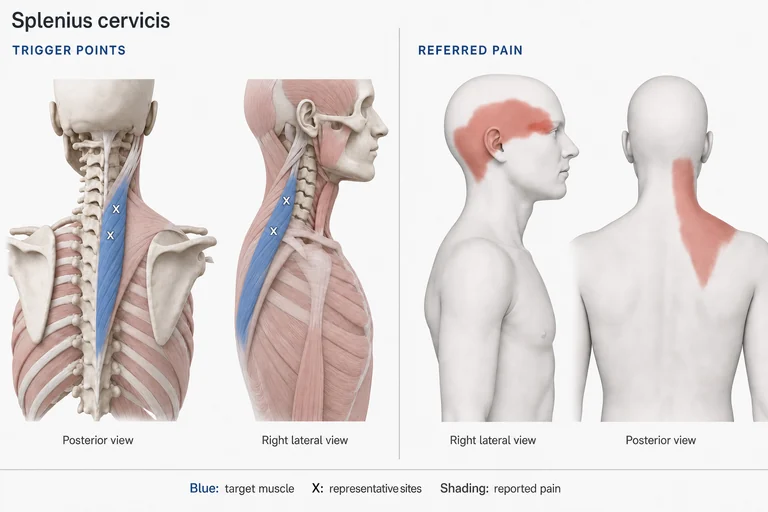 Splenius Cervicis: Muscle anatomy, representative trigger-point sites and possible referred-pain areas